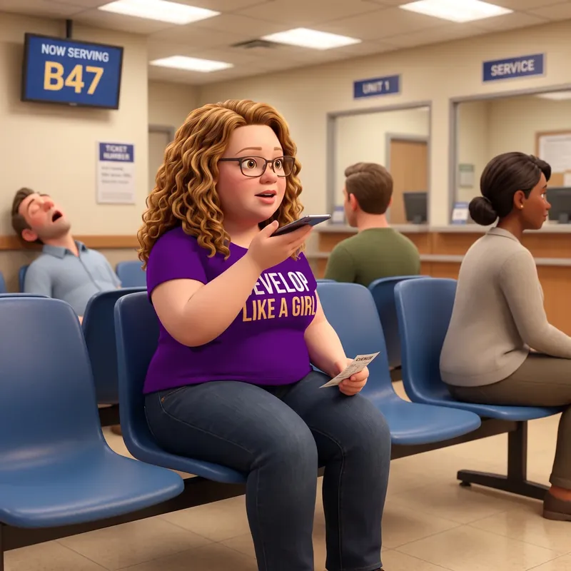 Maggie talking into her phone, at the bmv