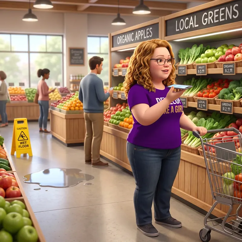 Maggie talking into her phone, in the grocery store